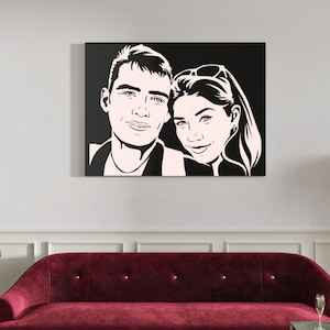 パーソナライズされたボーイフレンドガールフレンドの絵画、カップルのステンシルポートレート、写真からのカスタムポートレート、ポップアートのシルエットポートレート