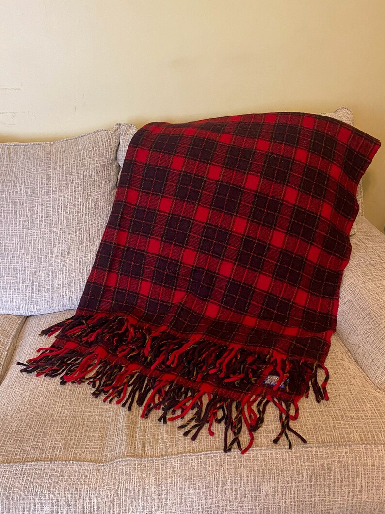 Vintage Pendleton Wool Stadium Blanket Fall Black and Red Plaid