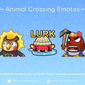 Puede incluir: Tres emoticonos de personajes de Animal Crossing. El primero es un búho con una expresión de sorpresa y una corbata de lazo. El segundo es un oso que lleva un sombrero rojo y una bufanda azul, con la palabra "Lurk" encima. El tercero es un topo que lleva un sombrero de minero y sostiene un pico, con una expresión de enfado.