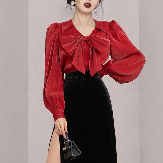 Blusa de oficina Escote en V manga larga sexy Blusa roja Blusa