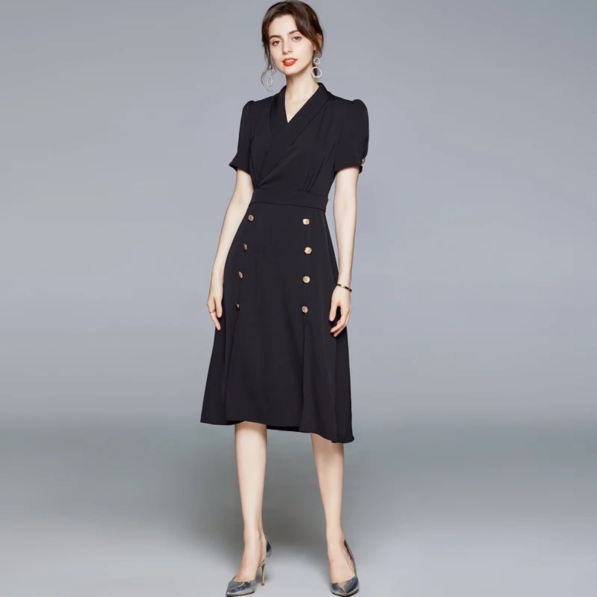 Elegant European Style Casual Dress V-neck Short Sleeve Black - Etsy