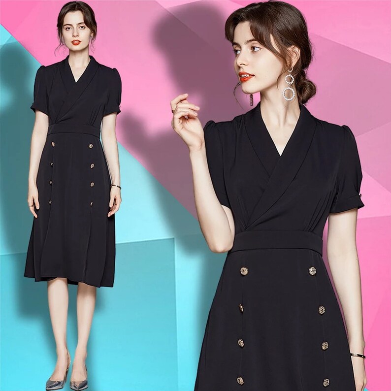 Elegant European Style Casual Dress V-neck Short Sleeve Black - Etsy