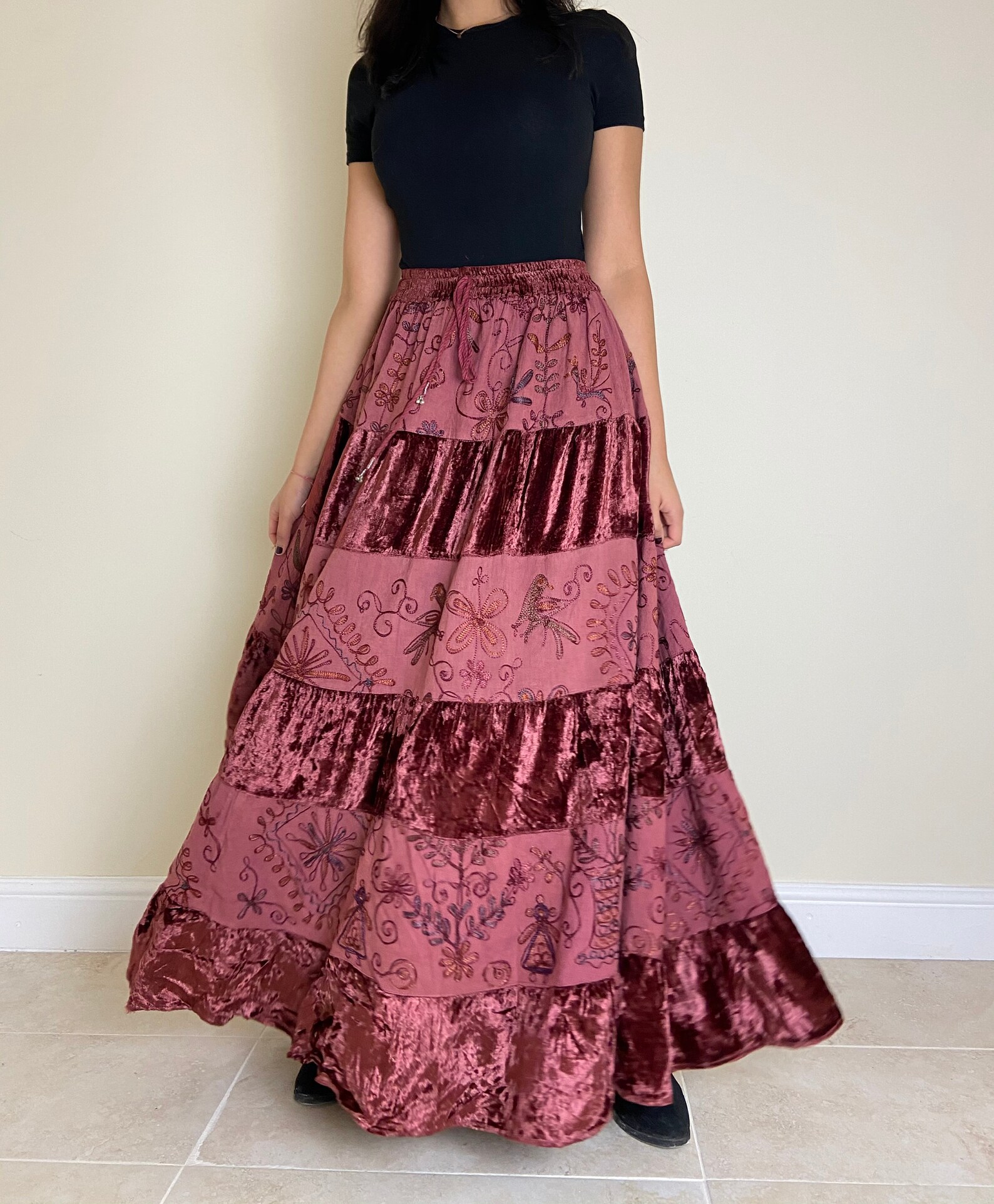Velvet Tiered Maxi Skirt with Ari Embroidery in Burgundy Wine Etsy