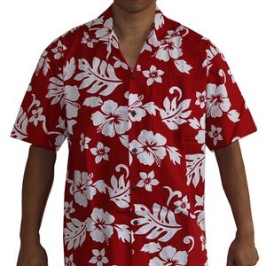 Men&#39;s Classic Hibiscus Christmas Red/White Hawaiian Aloha Cruise Luau Shirt