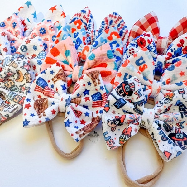 4th of July Hair Bows, Patriotic Outfit, Clips 2 3 4 5 6 Inch, Piggies Bows on Nylon Band, Preemie Bows, Micro Piggies, Baby Bow Headband.