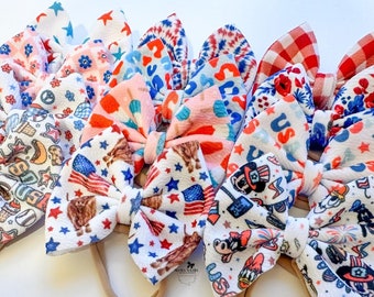 4th of July Hair Bows, Patriotic Outfit, Clips 2 3 4 5 6 Inch, Piggies Bows on Nylon Band, Preemie Bows, Micro Piggies, Baby Bow Headband.