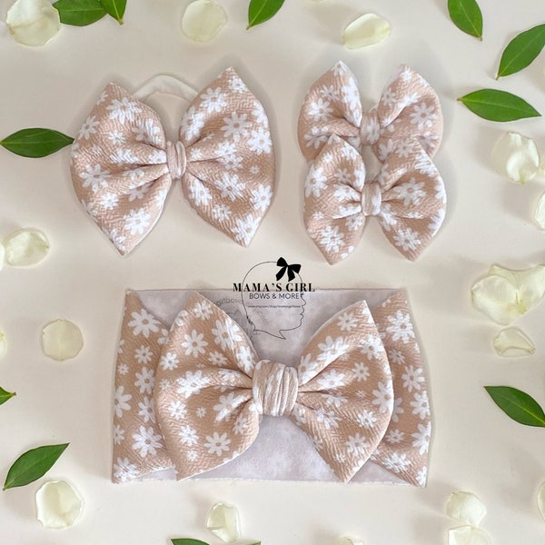 NEUTRAL DAISIES SPRING Floral Hair Bows. Headwraps, Bow on Nylon, Clips, Piggies. Classic & Shredded. Preemie. Newborn. Infant. Toddlers.