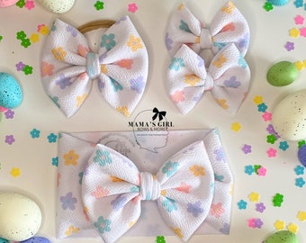 PASTEL DAISIES. SPRING Hair Bows. Headwraps, Bow on Nylon, Clips, Piggies. Classic & Shredded. Preemie. Newborn. Infant. Baby. Toddlers