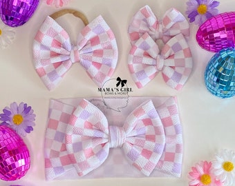 PINK CHECKS. SPRING Girl Hair Bows. Headwraps, Bow on Nylon, Clips, Piggies. Classic & Shredded. Preemie. Newborn. Infant. Baby. Toddlers