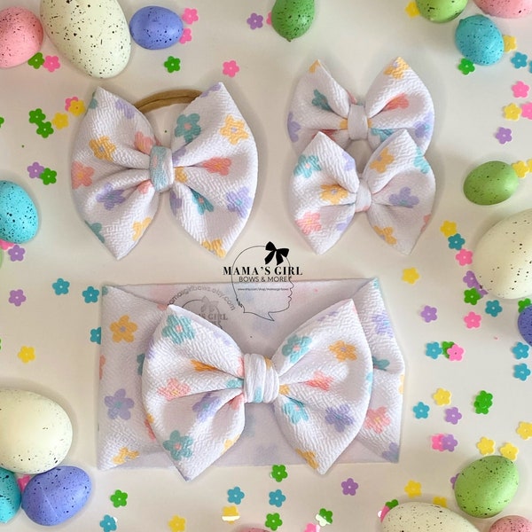 PASTEL DAISIES. SPRING Hair Bows. Headwraps, Bow on Nylon, Clips, Piggies. Classic & Shredded. Preemie. Newborn. Infant. Baby. Toddlers