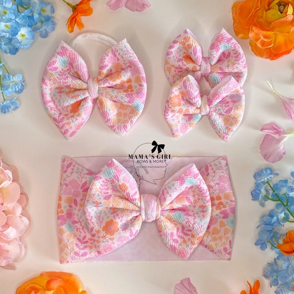 GARDEN SPRING FLORAL Hair Bows. Headwraps, Bow on Nylon, Clips, Piggies. Classic & Shredded. Preemie. Newborn. Infant. Baby. Toddlers