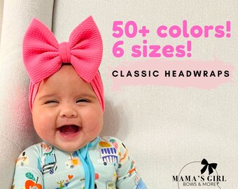 CLASSIC HEADWRAP BOWS, 50 + Colors, Baby Girl Bows, Stretchy Headwrap, Headband, Micro Preemie, Newborn, Infant, Baby, Toddler Outfit.