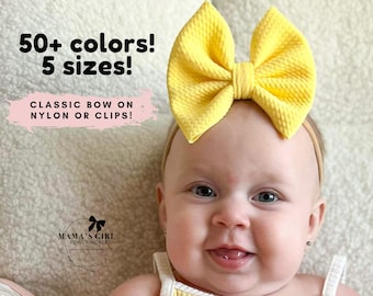 CLASSIC bow on NYLON or CLIPS Baby Girl Hair Bows, 50 Colors. Bow on Clip. Piggies. Stretchy Headband. Toddler, Newborn. Infant. Preemie.