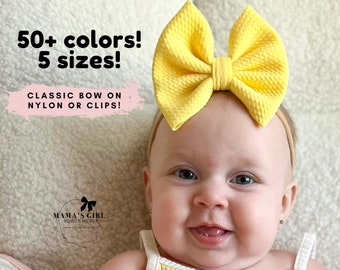 CLASSIC bow on NYLON or CLIPS Baby Girl Hair Bows, 50 Colors. Bow on Clip. Piggies. Stretchy Headband. Toddler, Newborn. Infant. Preemie.