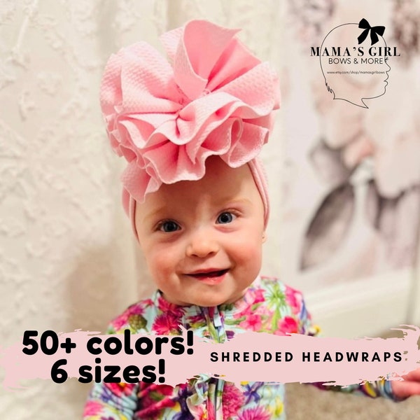 MESSY HEADWRAP SHREDDED Baby Girl Hair Bows, 50 + Colors, Stretchy Headwrap, Headband, Micro Preemie, Newborn, Infant, Baby, Toddler Outfit.