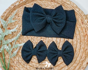 BLACK Solid Color Baby Girl Bows, Stretchy Headwrap, Headband, Micro Preemie, Newborn, Infant, Baby, Toddler. Birthday Outfit. Summer