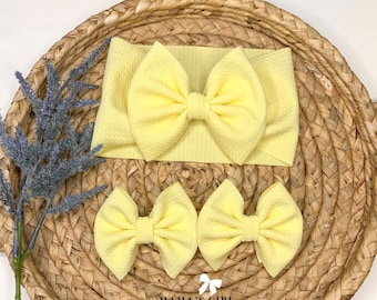 LIGHT YELLOW Solid Color Baby Girl Bows, Stretchy Headwrap, Headband, Micro Preemie, Newborn, Infant, Baby, Toddler. Birthday Outfit. Summer