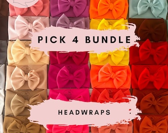 4 PACK You Choose! HEADWRAPS Baby Girl Hair Bows, 50 Colors. Classic and Shredded. Stretchy Headband. Toddler, Newborn. Infant. Preemie.