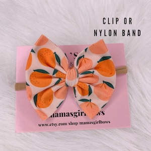 ORANGE CLEMENTINE FRUIT Hair Clips or Nylon Bows, 2 3 4 5 6 Inch, Piggies Bows on Nylon Band, Preemie Bows, Micro Piggies, Baby Bow Headband