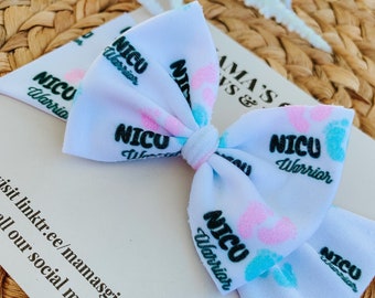 NICU WARRIOR Printed Baby Girl Bows. Headwraps, Bow on Nylon, Clips, Piggies. Micro Preemie. Preemie. Newborn. Infant. Coming Home Outfit.