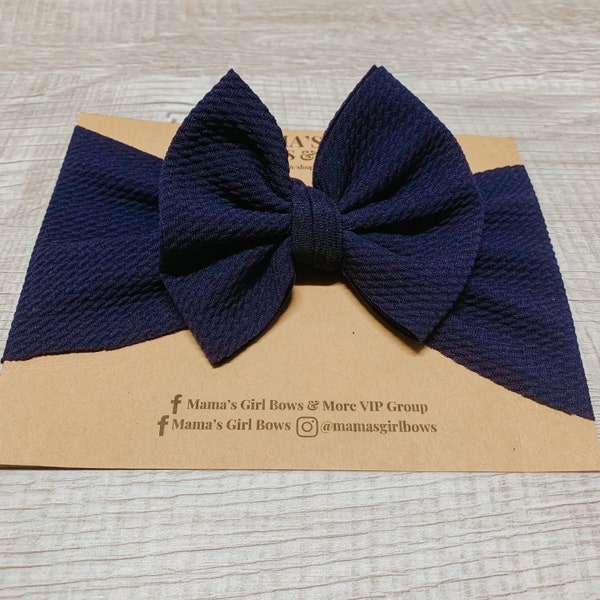 NAVY BLUE Solid Color Baby Girl Bows, Stretchy Headwrap, Headband, Micro Preemie, Newborn, Infant, Baby, Toddler. Birthday Outfit. Summer