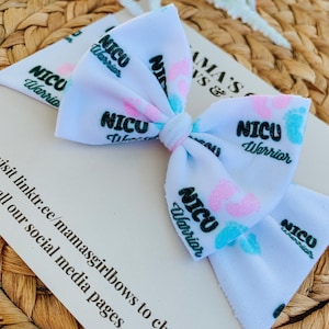 NICU WARRIOR Printed Baby Girl Bows. Headwraps, Bow on Nylon, Clips, Piggies. Micro Preemie. Preemie. Newborn. Infant. Coming Home Outfit.