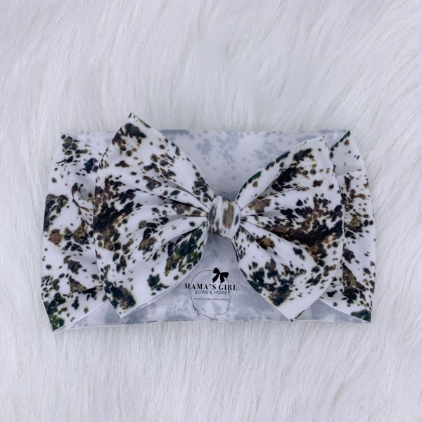 WESTERN COWHIDE Printed Hair Bows. Headwrap, Bow on Nylon, Clips, or Piggies. Classic and Shredded. Newborn. Baby Girl. Preemie. Toddlers.
