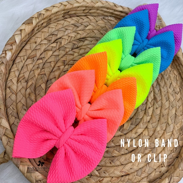 NEON COLORS SUMMER Hair Clips or Nylon Bows, 2 3 4 5 6 Inch, Piggies Bows on Nylon Band, Preemie Bows, Micro Piggies, Baby Bow Headband.