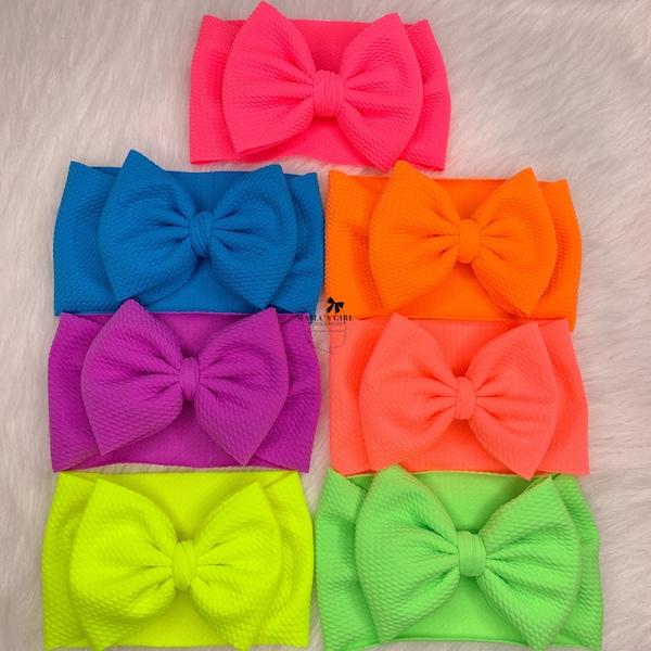 NEON HEADWRAPS Solid Color Baby Girl Bows, Stretchy Headwrap, Headband, Micro Preemie, Newborn, Infant, Baby Toddler Birthday Outfit Summer