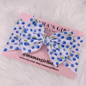 BLUEBERRY FRUIT Printed Baby Girl Bows, Stretchy Headwrap, Headband, Micro Preemie, Newborn, Infant, Baby, Toddler. Birthday Outfit. Summer