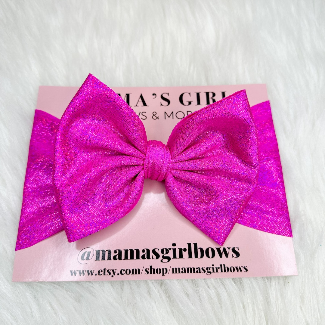 Solid Neon HOLOGRAPHIC Hair Bows. DARK PINK. Headwrap, Bow on Nylon