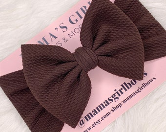 DARK BROWN Solid Color Baby Girl Bows, Stretchy Headwrap, Headband, Micro Preemie, Newborn, Infant, Baby, Toddler. Birthday Outfit.