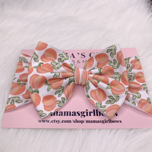 SWEET PEACH FRUIT Printed Baby Girl Bows, Stretchy Headwrap, Headband, Micro Preemie, Newborn, Infant, Baby, Toddler. Birthday Outfit Summer