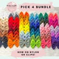4 PACK You Choose! Bow on NYLON or CLIPS Baby Girl Hair Bows, 60 Colors. Classic and Shredded. Piggies. Stretchy Headband. Toddler, Newborn.