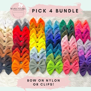 4 PACK You Choose! Bow on NYLON or CLIPS Baby Girl Hair Bows, 60 Colors. Classic and Shredded. Piggies. Stretchy Headband. Toddler, Newborn.