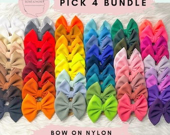 4 PACK You Choose! Bow on NYLON or CLIPS Baby Girl Hair Bows, 60 Colors. Classic and Shredded. Piggies. Stretchy Headband. Toddler, Newborn.