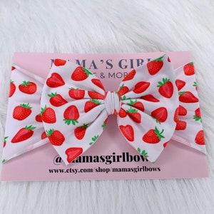 STRAWBERRY FRUIT Printed Baby Girl Bows, Stretchy Headwrap, Headband, Micro Preemie, Newborn, Infant, Baby, Toddler. Birthday Outfit. Summer