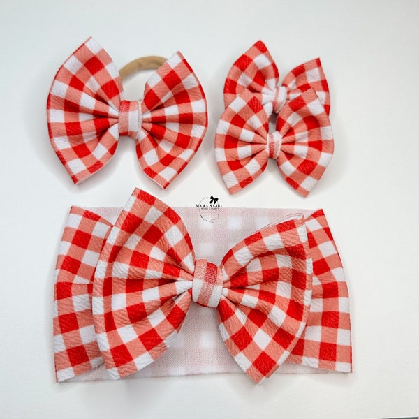 RED PLAID 4th of July Hair Bows, Memorial Day Headwrap, Patriotic Baby Outfit, Baby Girl Bows. Micro Preemie, Newborn, Toddler Piggies Clips