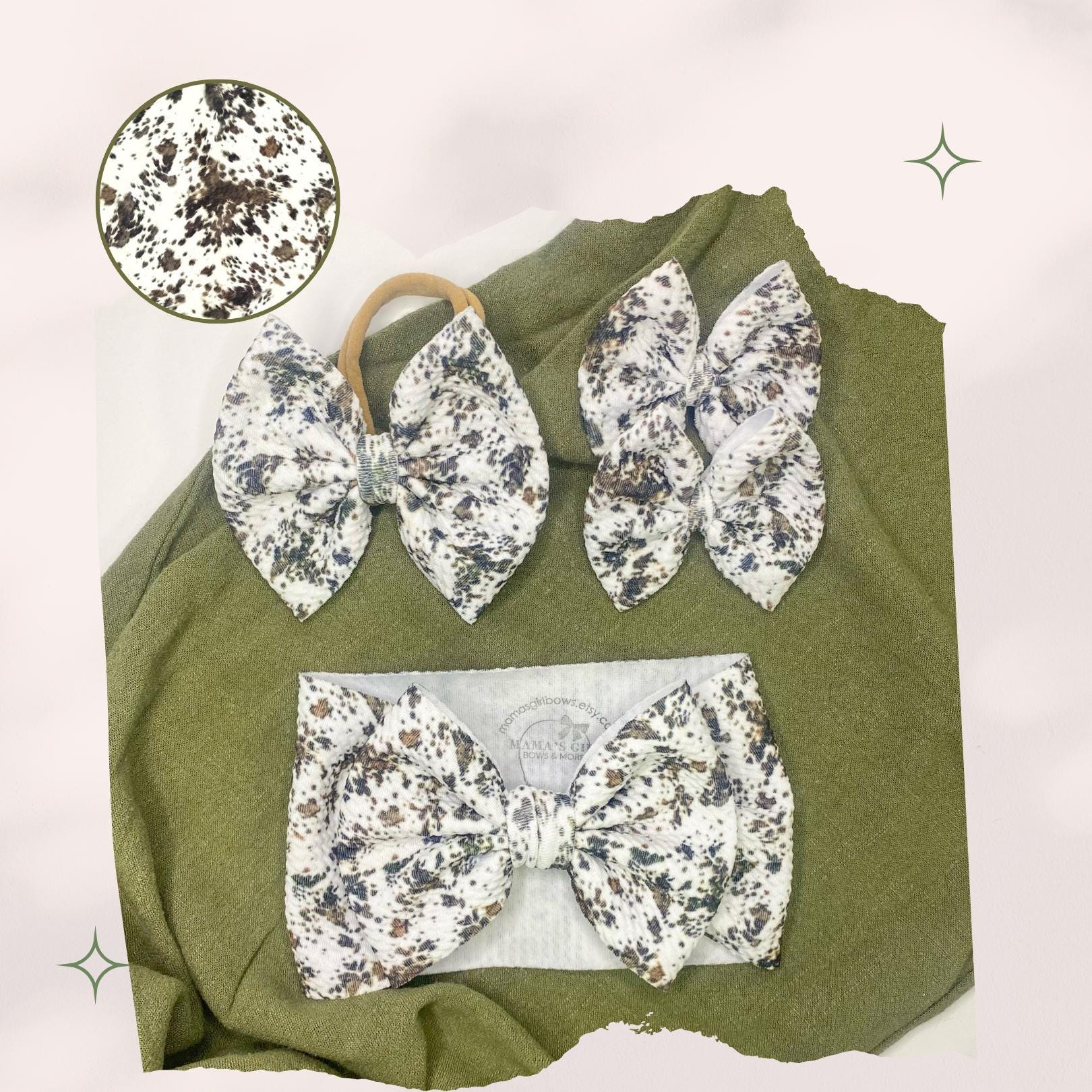 WESTERN COWHIDE Printed Animal Hair Bows. Headwrap, Bow on Nylon, Clips, or Piggies. Classic and Shredded. Newborn. Baby. Preemie. Toddlers.