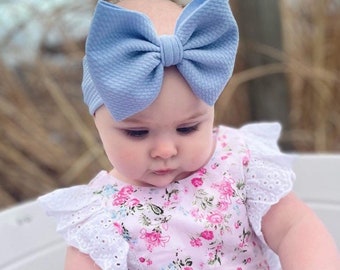 LIGHT BLUE Solid Color Baby Girl Bows. Classic & Shredded. Stretchy Headwrap, Micro Preemie, Newborn, Infant, Baby, Toddler. Outfit.