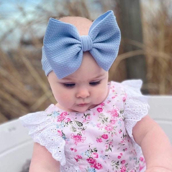 LIGHT BLUE Solid Color Baby Girl Bows. Classic & Shredded. Stretchy Headwrap, Micro Preemie, Newborn, Infant, Baby, Toddler. Outfit.