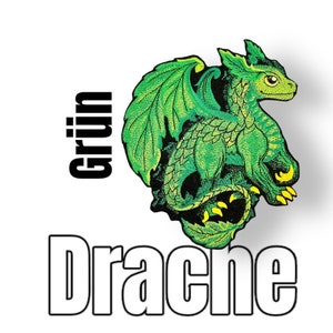 Könnte beinhalten: Grüner gestickter Aufnäher eines Drachen mit dem Text "Grün Drache" in Schwarz.