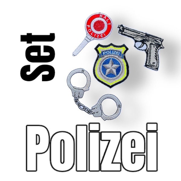 Polizei Patch SET- 4 Applikationen passend z. Polizeiauto Hubschrauber oder Motorrad (Handschelle Waffe Polizeikelle Polizeiabzeichen) glanz