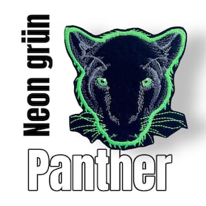 Könnte beinhalten: Schwarzer Pantherkopf gestickter Patch mit neongrünem Umriss. Der Patch trägt den Schriftzug "Panther" in weiß unter dem Bild.