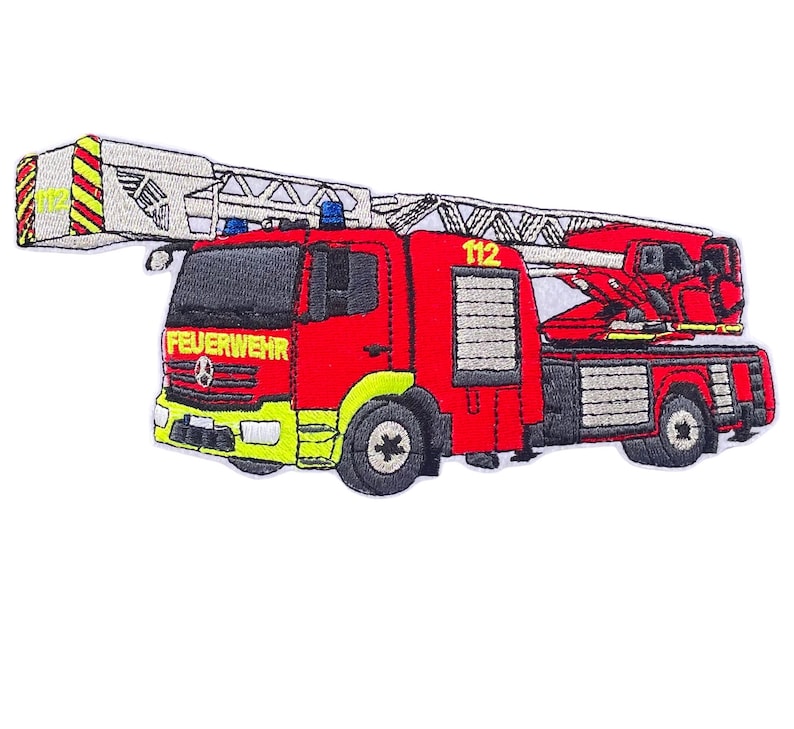 May include: Red and yellow embroidered patch of a fire engine with a ladder, the words "FEUERWEHR" and "112" are visible.