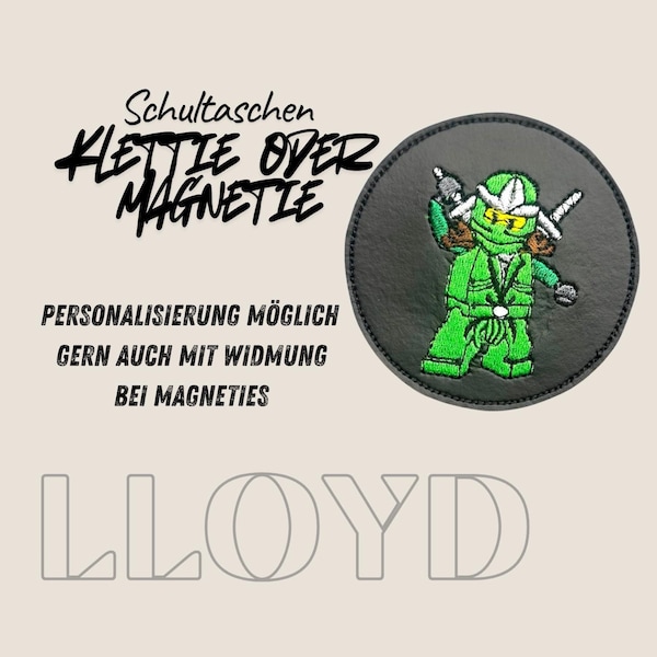 Mochila escolar Klettie Magnet Loyd Ninja con botón personalizable con nombre, placa metálica con velcro o imán