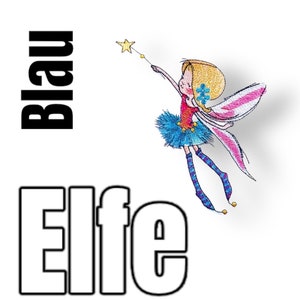 Könnte beinhalten: Eine blaue und rosa Fee mit einem Sternenstab, die ein rot-blaues Kleid trägt, und die Worte "Blau Elfe" in schwarzem Text.