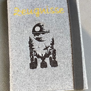 Zeugnismappe Star Wars Silhouette von R2D2 in Gold Schwarz Silber personalisiertes Names Geschenk individuell zum Schulanfang 1. Zeugnis