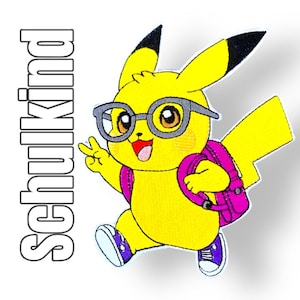 Könnte beinhalten: Gelber Comic-Charakter mit Rucksack, Brille und Peace-Zeichen. Der Charakter trägt lila Schuhe und hat einen rosa Rucksack. Der Text "Schulkind" ist links im Bild in Weiß geschrieben.