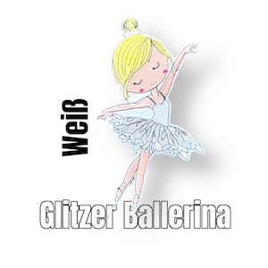 Könnte beinhalten: Eine weiße Glitzer-Ballerina mit blonden Haaren und einem weißen Tutu. Der Text "Weib" und "Glitzer Ballerina" steht unter der Ballerina.